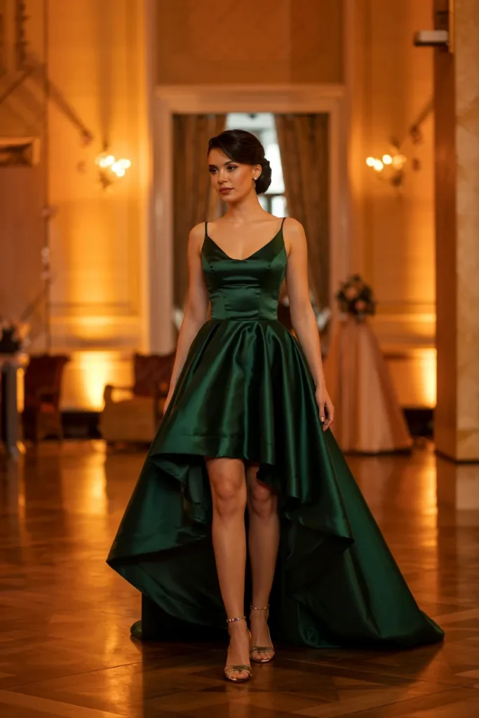 Elegant Emerald Green Satin High Low Mother of the Bride Dress