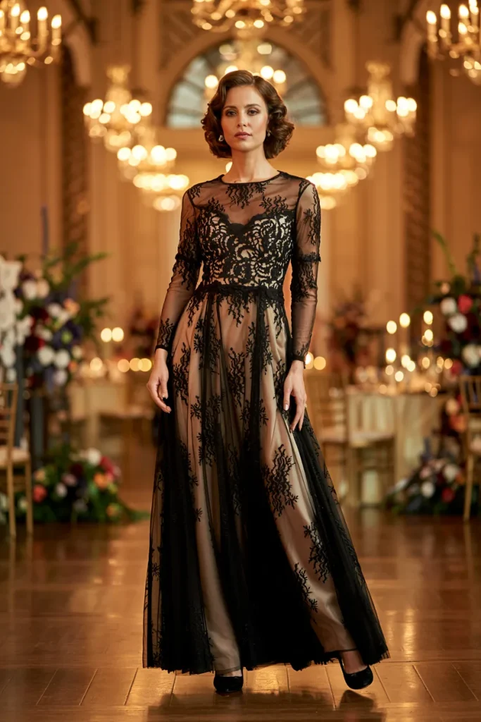 Elegant Long Black Illusion Lace Evening Gown With Sheer Sleeves