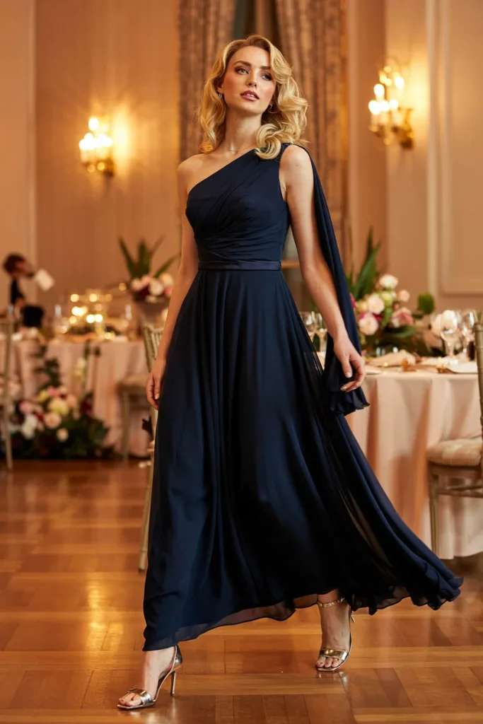 Elegant Navy Blue Chiffon Draped One Shoulder Mother of the Bride Dress