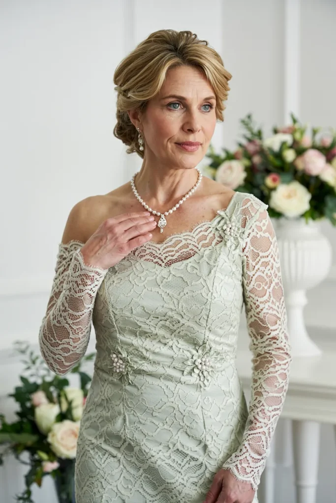 Elegant One Shoulder Mint Green Lace Mermaid Mother of the Bride Gown