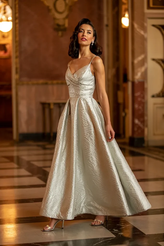 Elegant Silver Metallic Jacquard Mother of the Bride Dress