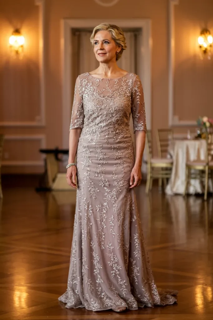 Elegant Taupe Floral Lace Mother of the Bride Gown