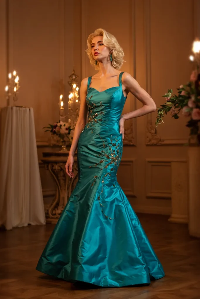 Elegant Teal Gem Embroidered Stretch Taffeta Mermaid Dress