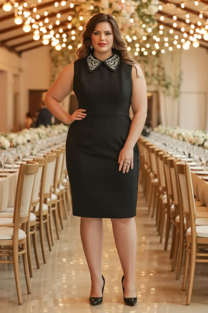 Embellished Collar Black Sheath Wedding Guest Dress