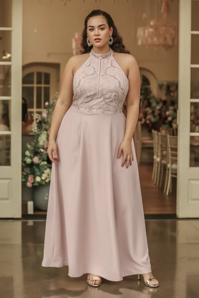 Embellished Halter Neck Plus Size Classy Wedding Guest Dress
