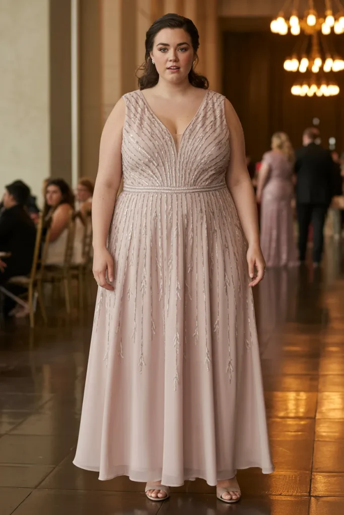 Embellished V Neck Gown With Godets Plus Size Formal Wedding Guest Dress