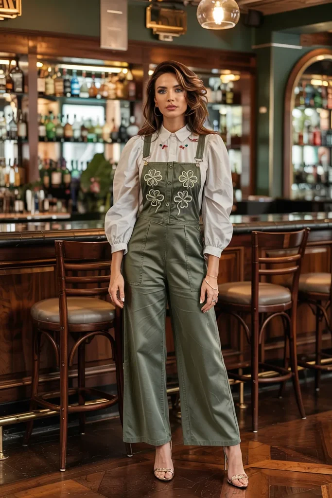 Embroidered Clover Overalls and Puff Sleeve Blouse