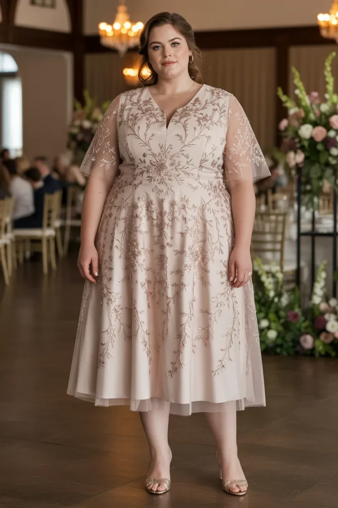 Embroidered Floral Overlay Plus Size Wedding Guest Dress