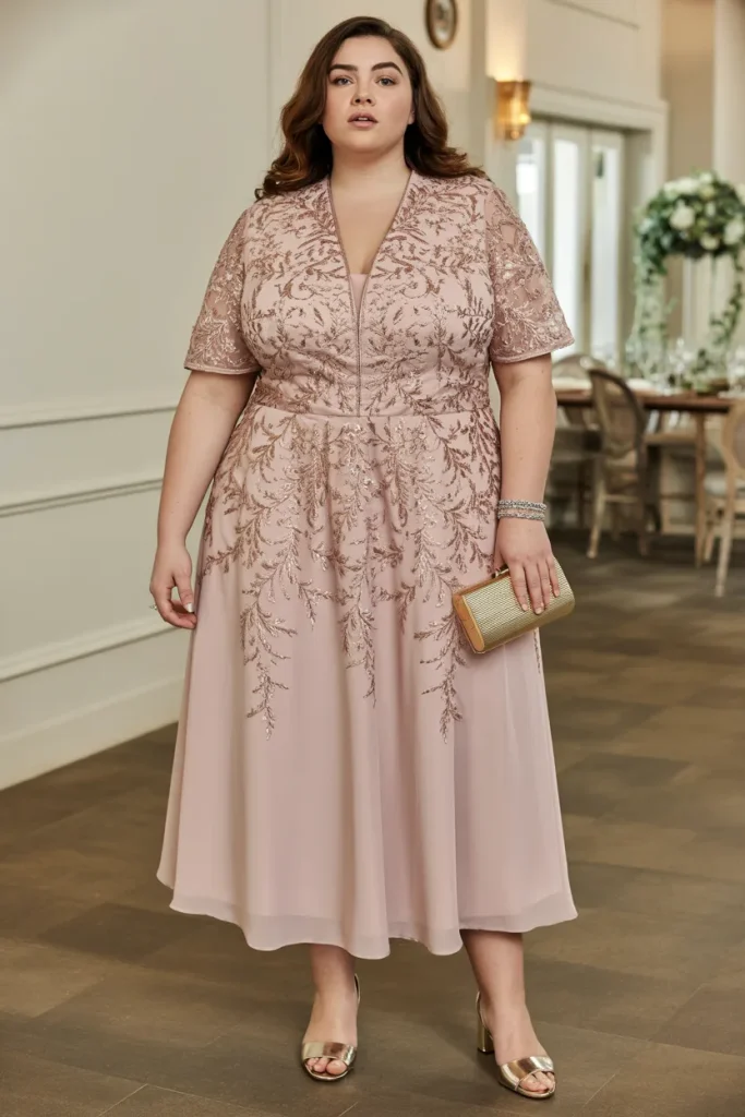 Embroidered Overlay Plus Size Semi Formal Wedding Guest Dress