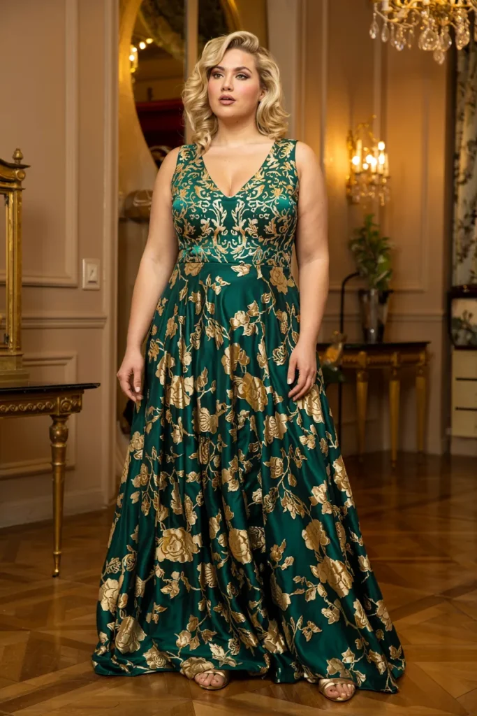 Emerald Green Gold Floral V neckline Gown Dress