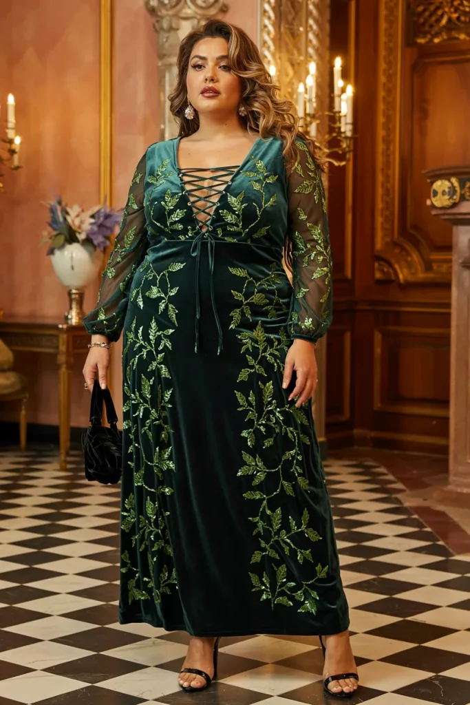 Emerald Green Velvet Sequin Lace Up Maxi Dress