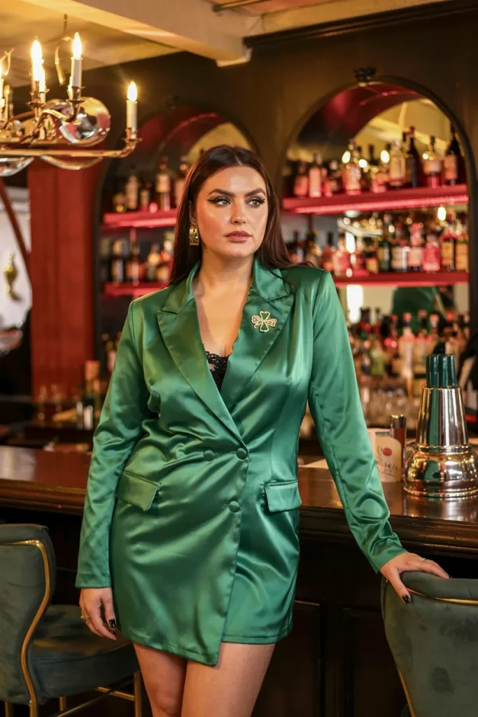 Emerald Satin Blazer Dress With Gold Clover Lapel Pin