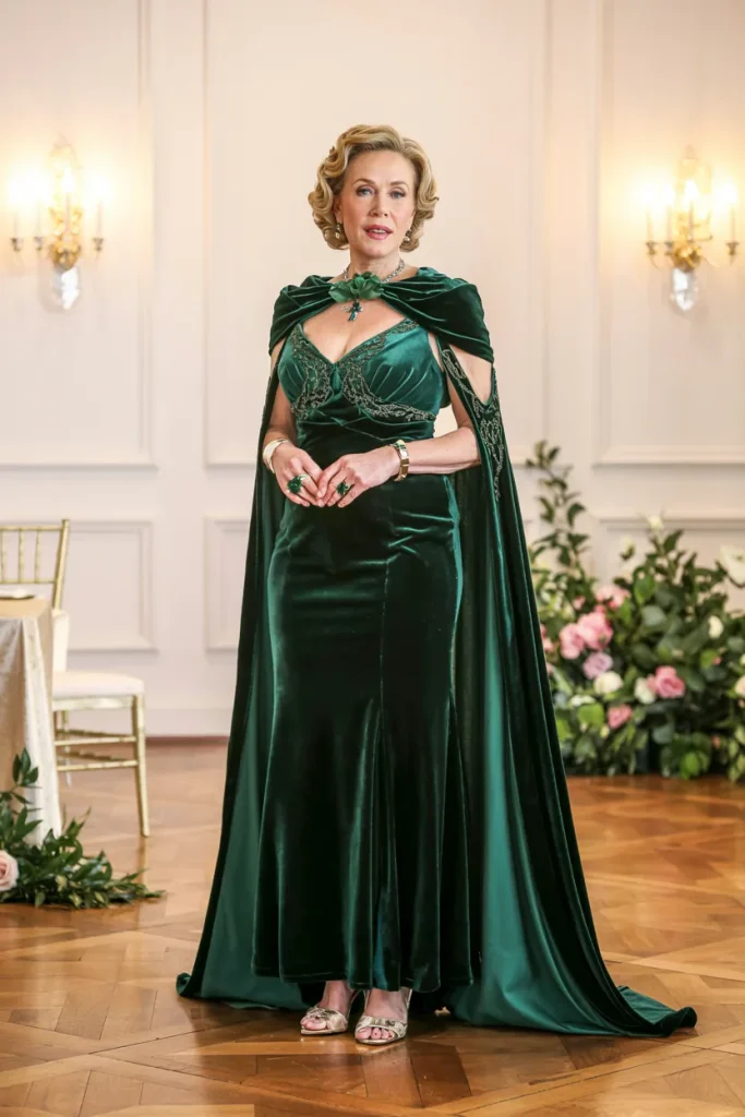 Emerald Velvet Opera Cape Mother of the Bride Dress