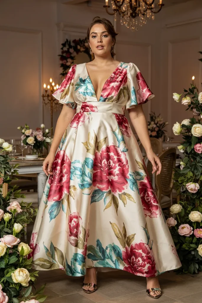 Ethereal Watercolor Peony Plunging Plus Size Floral Wedding Guest Dress