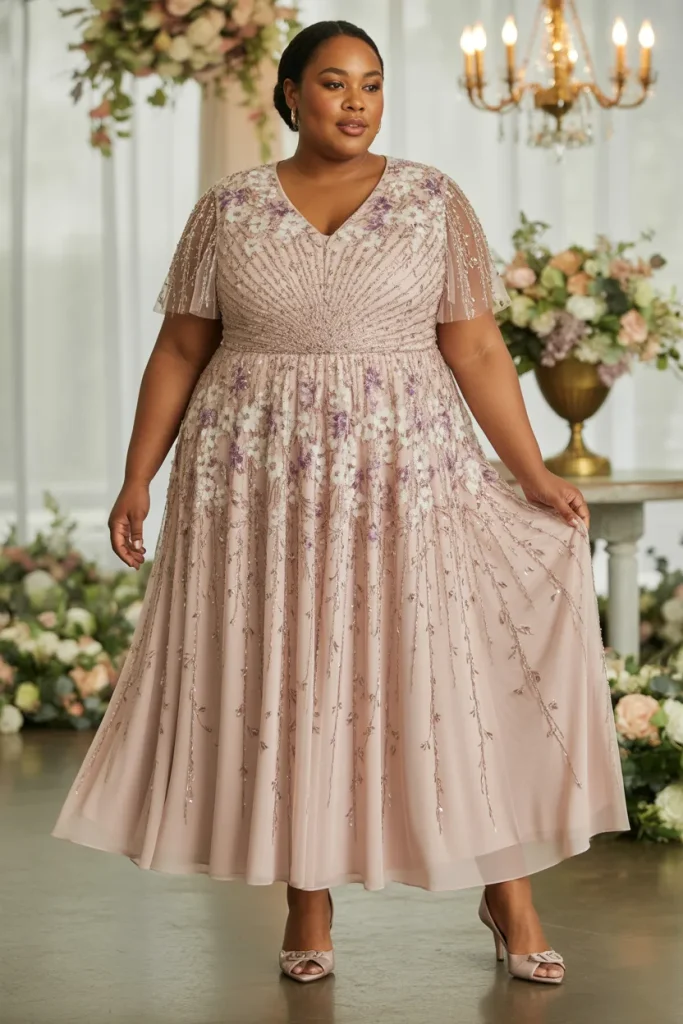 Floral Beaded Short Sleeve Godet Gown Floral Wedding Guest Dress