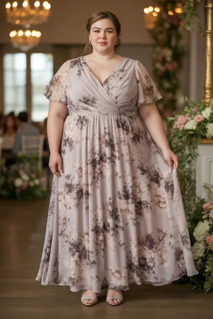 Floral Chiffon Maxi Plus Size Wedding Guest Dress