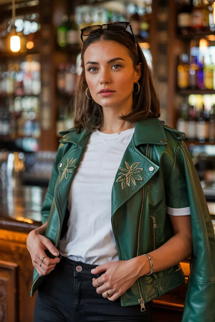 Forest Green Leather Jacket With White Tee