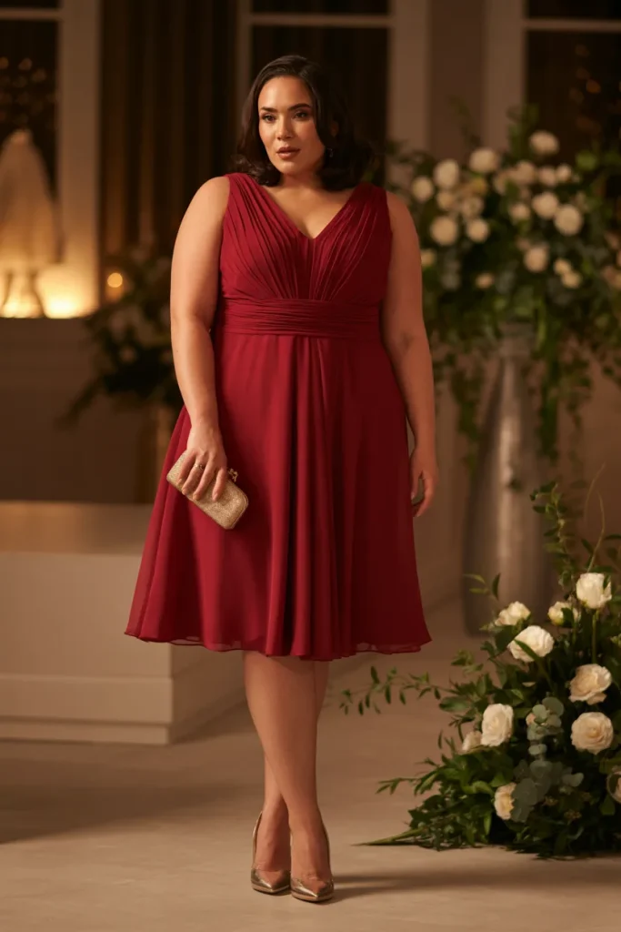 Garnet Pleated Waist Plus Size Wedding Guest Cocktail Dress
