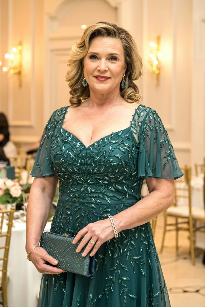 Glam Teal Beaded Chiffon Flutter Sleeve Godet Gown Mother of the Bride