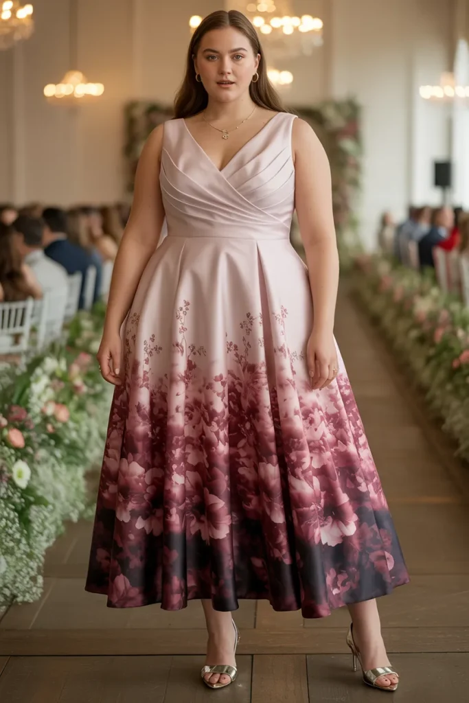 Gradient Sunset Floral Overlay Plus Size Wedding Guest Dress
