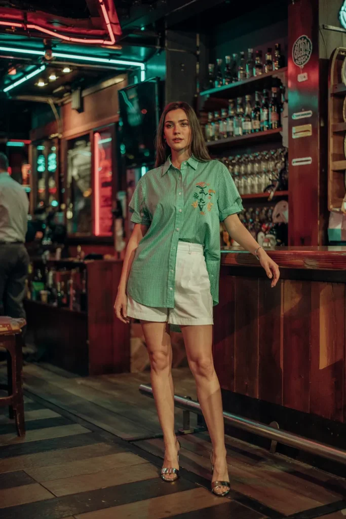 Green Gingham Button Up With White Shorts
