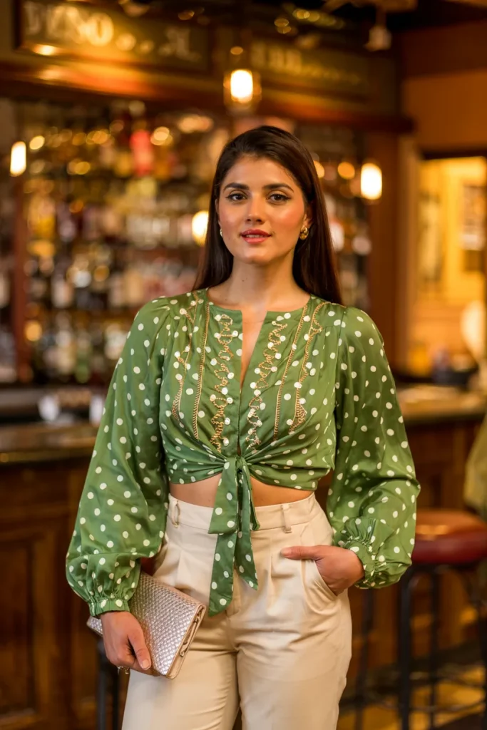 Green Polka Dot Blouse With Cream Pants