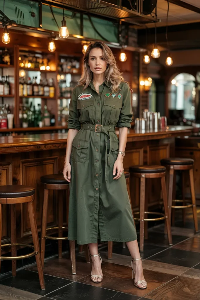 Green Utility Shirt Dress With Belt