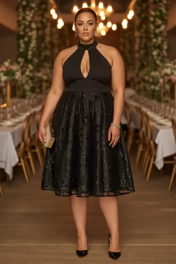 High Neck Cutout Black Cocktail Wedding Guest Dress