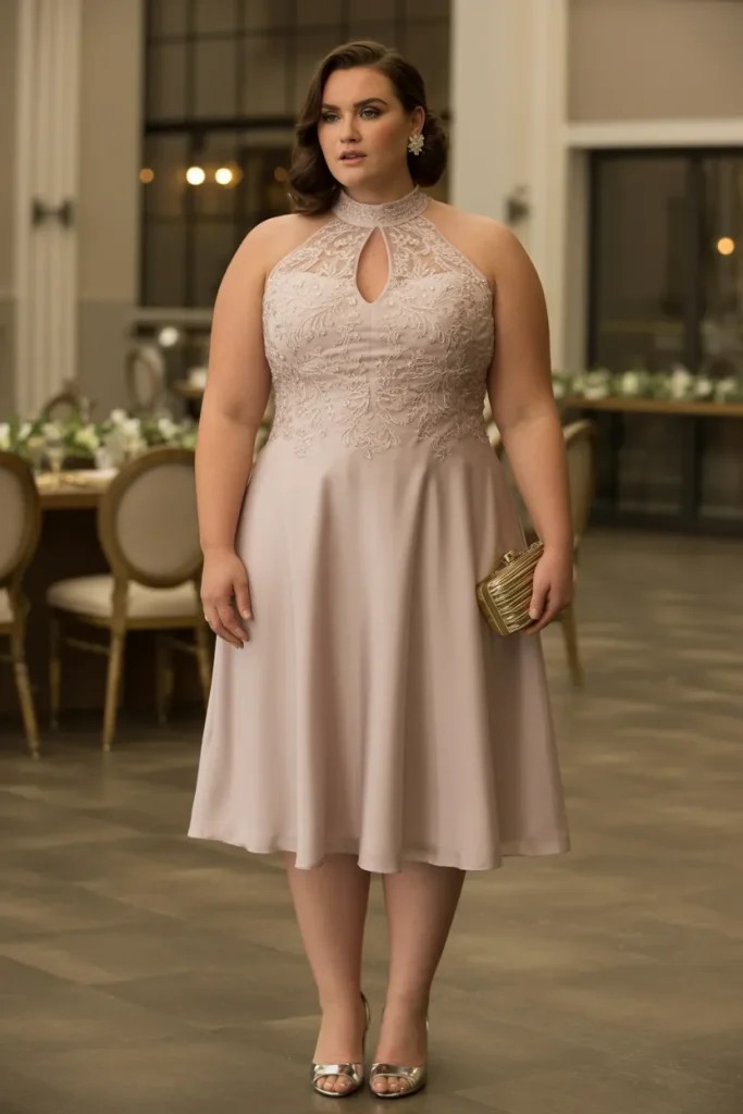 High Neck Illusion Neckline Plus Size Classy Wedding Guest Dress