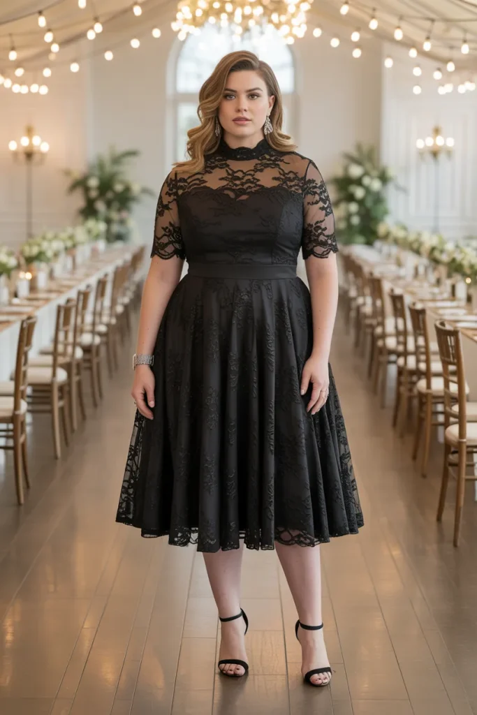 High Neck Lace Overlay Black Cocktail Wedding Guest Dress