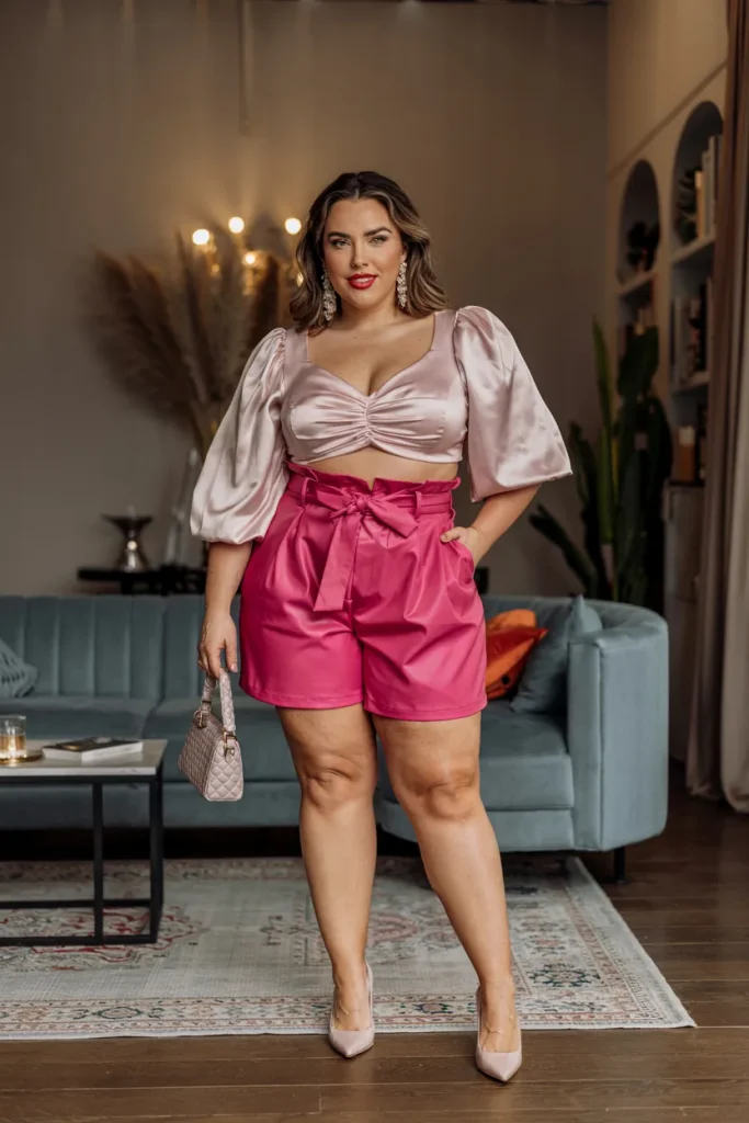 High Waisted Paper Bag Shorts with Puff Sleeve Top Birthday Outfit