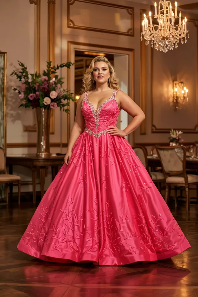 Hot Pink Ball Gown with Crystal Studded V Neck Bodice