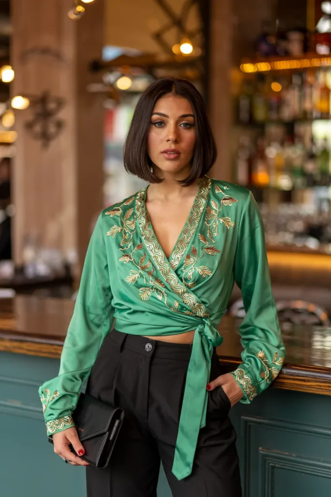 Hunter Green Wrap Top With Black Trousers