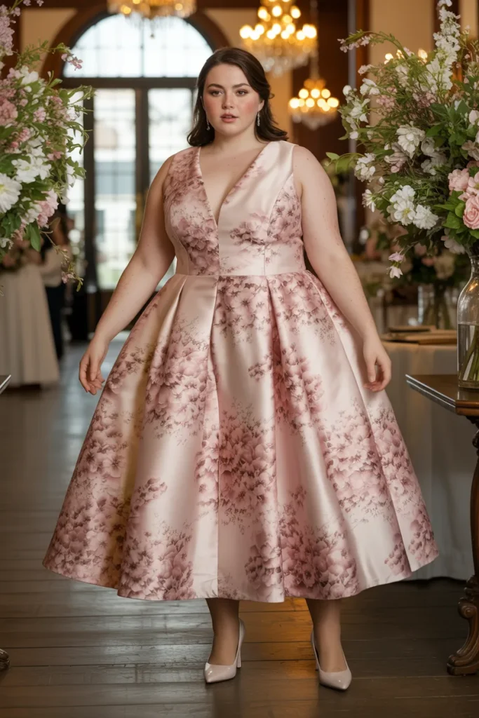 Japanese Cherry Blossom Structured Plus Size Floral Wedding Guest Dress