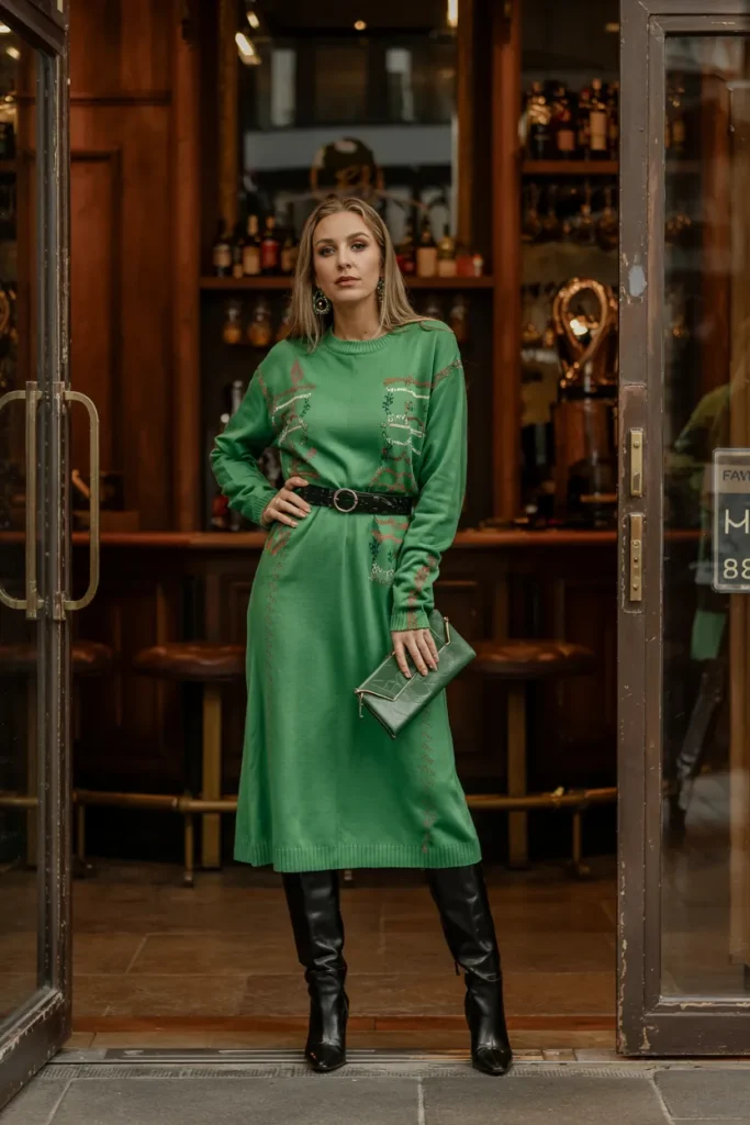 Kelly Green Sweater Dress With Tall Boots