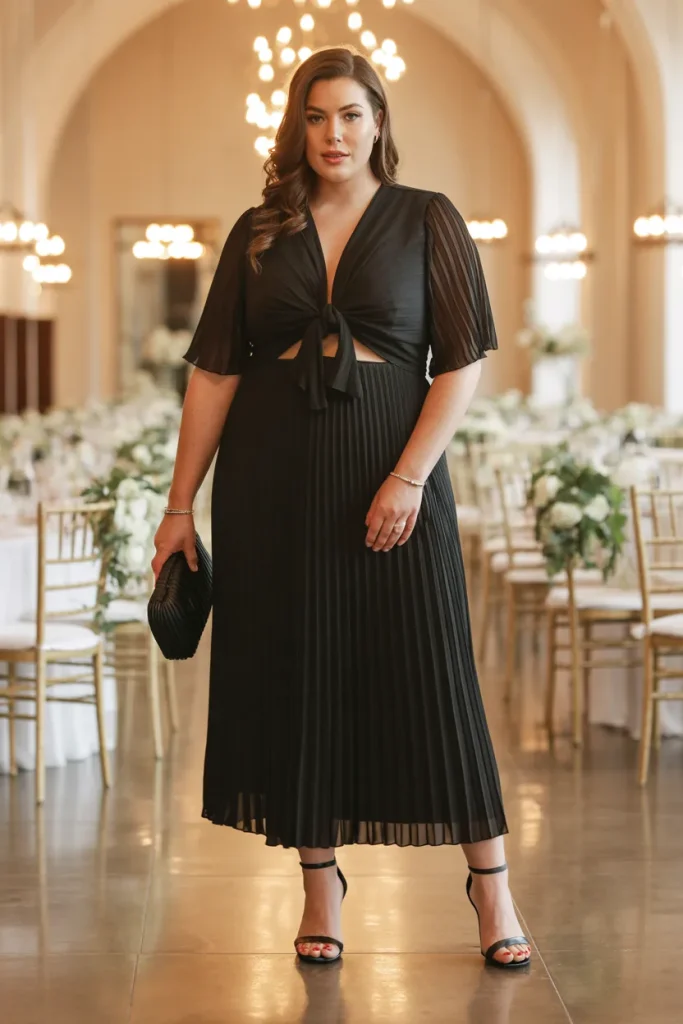 Knot Front Pleated Black Wedding Guest Dress