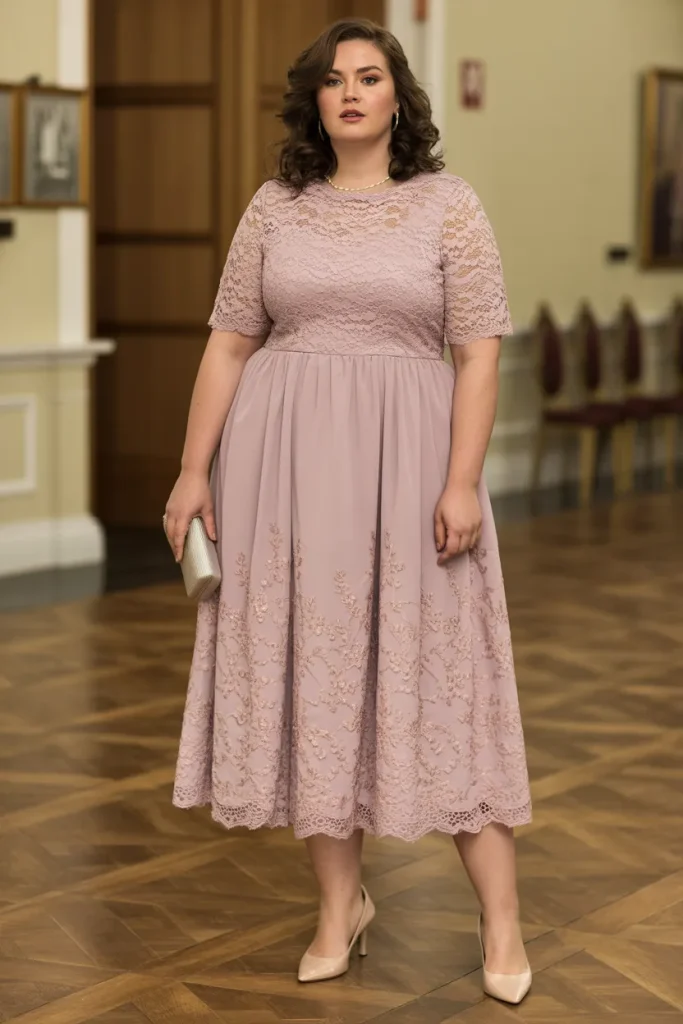 Lace Patchwork Shirred Midi Pocket Dress Plus Size Formal Wedding Guest Dress