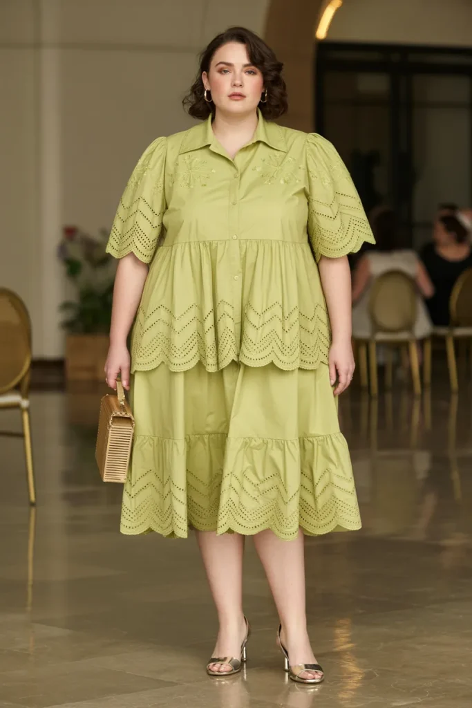 Lime Eyelet Tiered Collared Plus Size Semi Formal Wedding Guest Dress