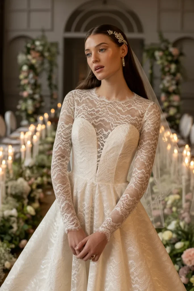 Long Sleeve Enchanted Lace A Line Wedding Dress