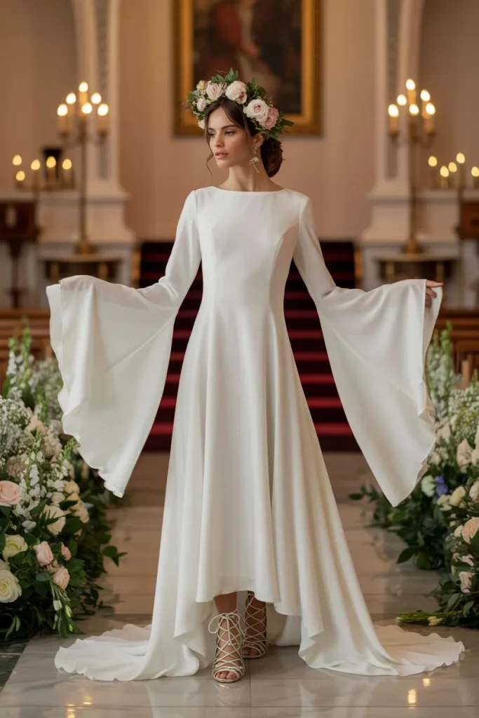 Long Sleeve Flowing Bell Sleeve Gown Wedding Dress