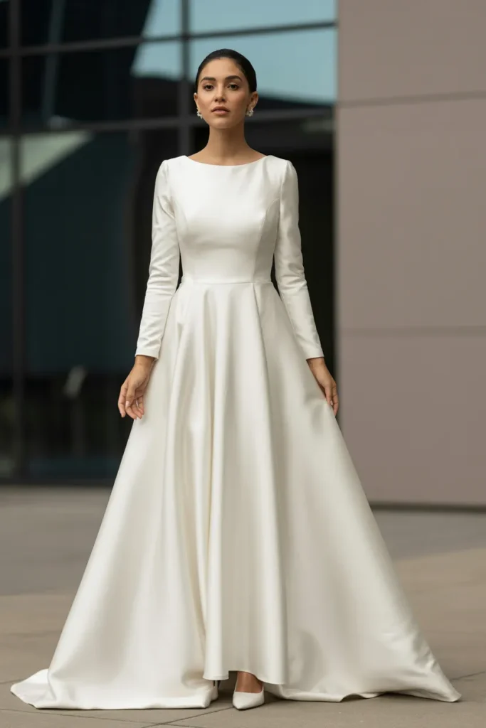 Long Sleeve Minimalist Crepe Gown Wedding Dress