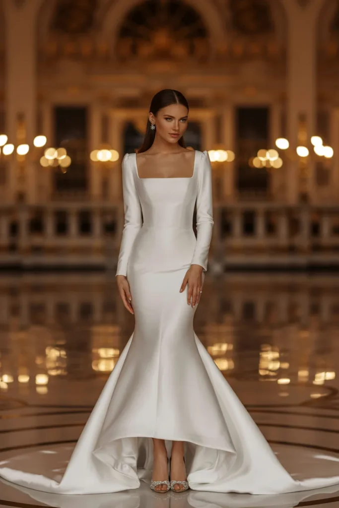 Long Sleeve Sharp Square Neckline Mermaid Wedding Dress