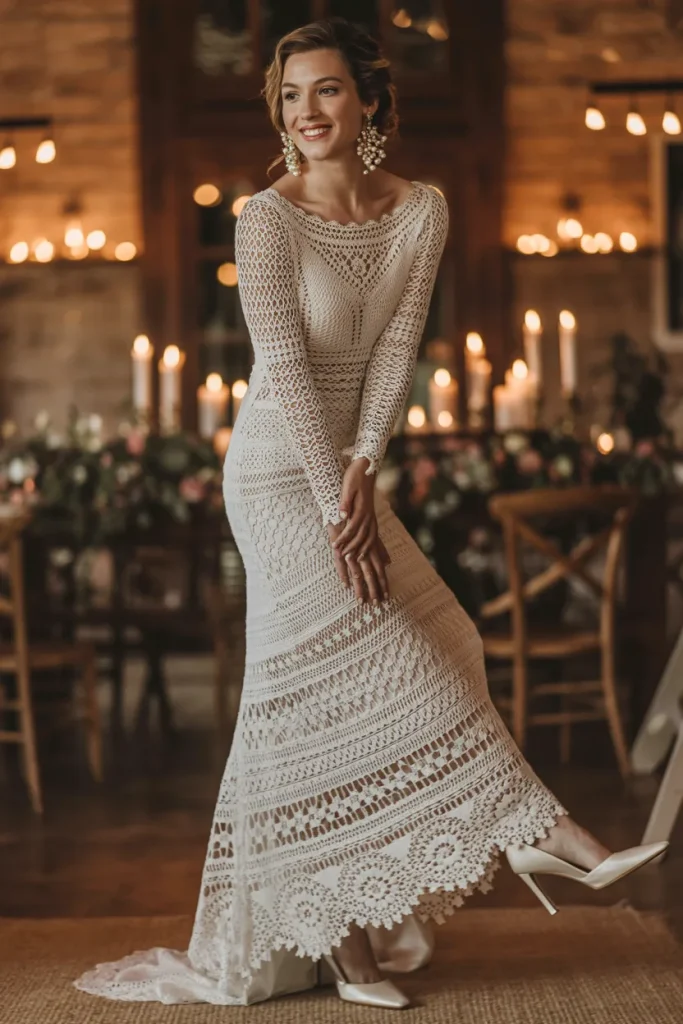 Long Sleeve Unique Crochet Lace Wedding Dress