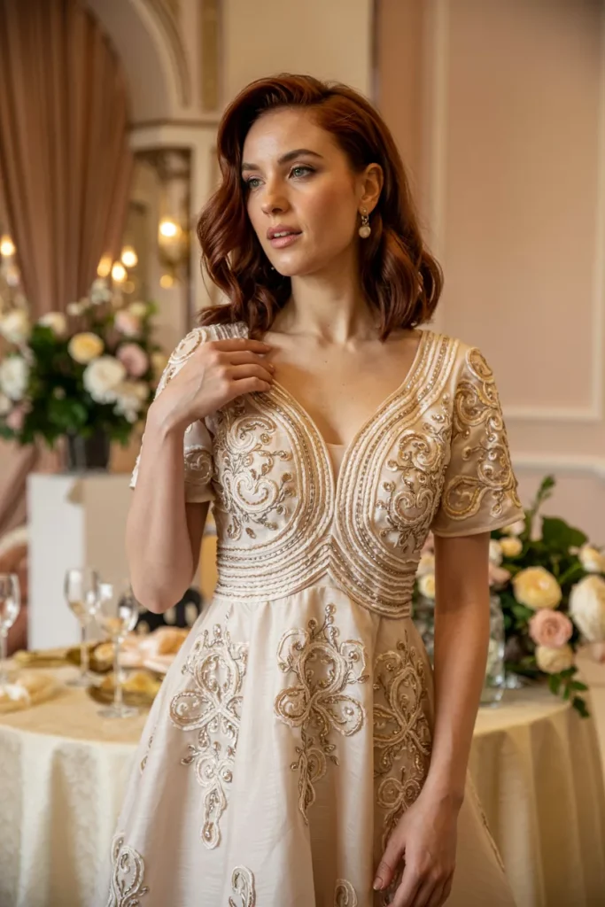 Long Sleeveless Soutache with V-Neckline Mother of the Bride Dress