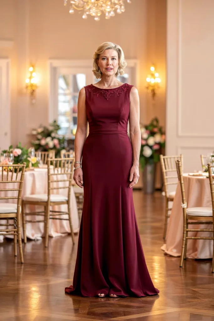 Merlot Stretch Crepe Mother of the Bride Dress