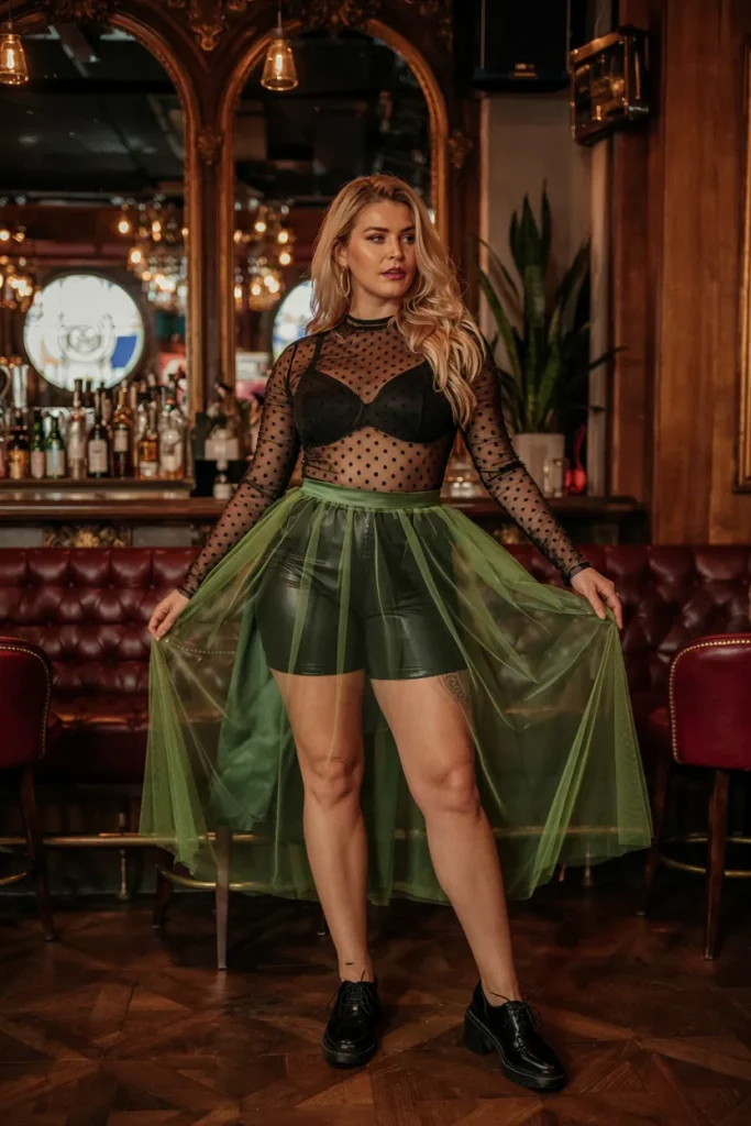 Mesh Polka Dot Bodysuit With Green Tulle Skirt And Oxfords