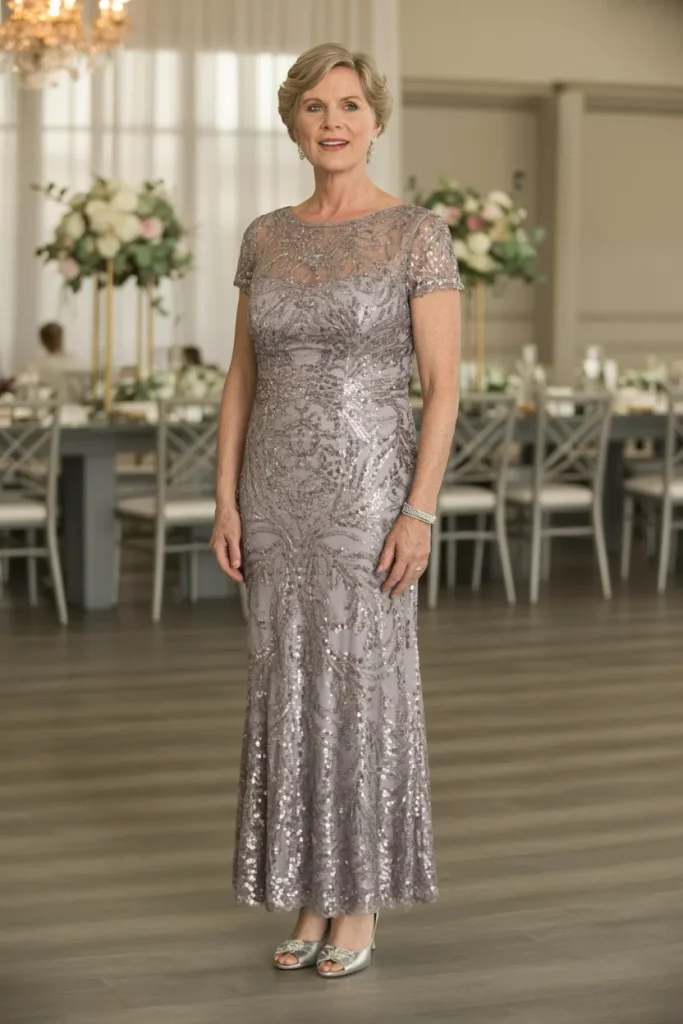 Metallic Silver Sequin Lace Sheath Dress