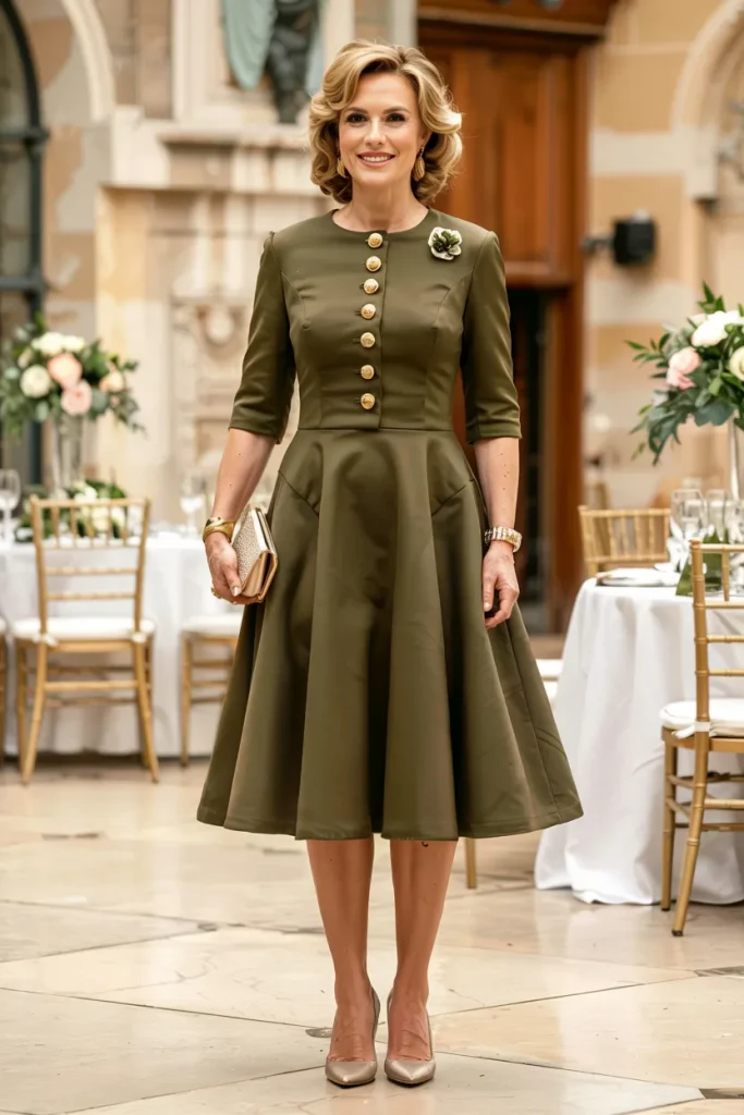 Military Inspired Olive Drab Fit and Flare Knee Length Dress with Gold Buttons