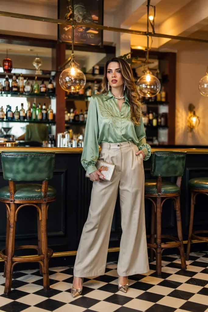 Mint Green Satin Blouse With Wide Leg Trousers
