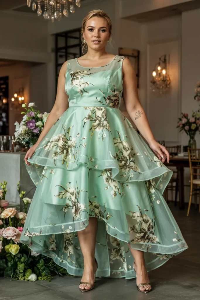 Mint Organza Tiered High Low Plus Size Floral Wedding Guest Dress